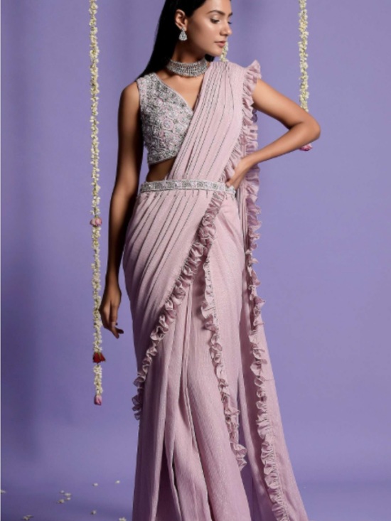 Aza Fashion Other - Elegant Light Pink Ruffle Saree with Embellished Blouse